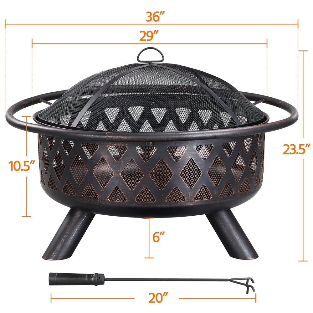 Costoffs Halloween Outdoor Iron Fire Pit Round Metal Outside Firepit with Mesh Screen Poker Rain Cover for BBQ/ Patio/ Backyard, Bronze