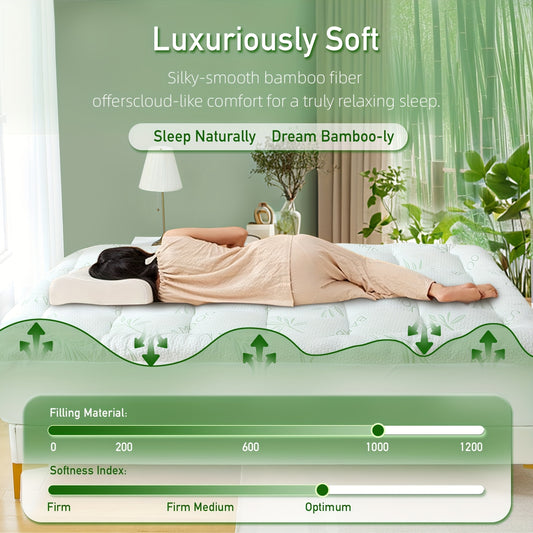 Extra-Thick Bamboo Fiber Pillow Mattress Topper - 1000GSM Cooling Mattress Pad with High Quality & Moisture-Proof Bottom, Breathable & Cool for Immersive Sleep, Offering A Premium Sleep Experience, Soft Mattress Cover with 8"