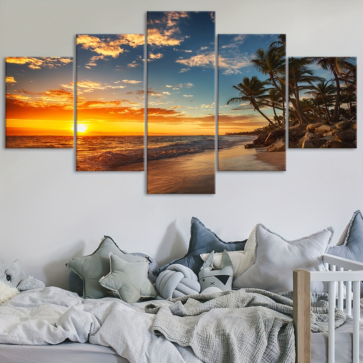 2D Flat, [2D FLAT] 5pcs Frame Sunset Sea View Beach Coconut Trees Canvas Poster, Five Panel Scene Art, Modular Picture, Modern Art, Ideal Decor for Bedroom Living Room Kitchen Dorm, Wall Decoration, Gift for Family Friends, M