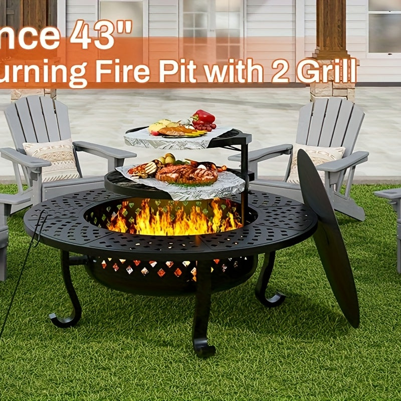 43" Outdoor Fire Pit With 2 Grill, Wood Burning Firepit For Outside With Lid & Fire Poker