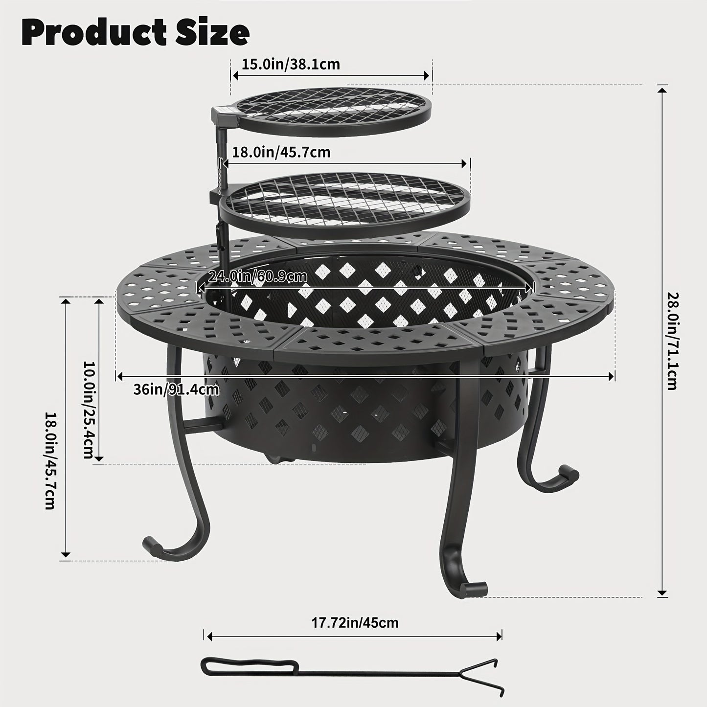 1pc, Fire Pit, 36''Fire Pit, 3-in-1 Fire Pit With Two Grills, Metal Lid, Poker, Outdoor Wood Burning Fire Pit & BBQ With Round Metal Table For Patio, Picnic, And Party