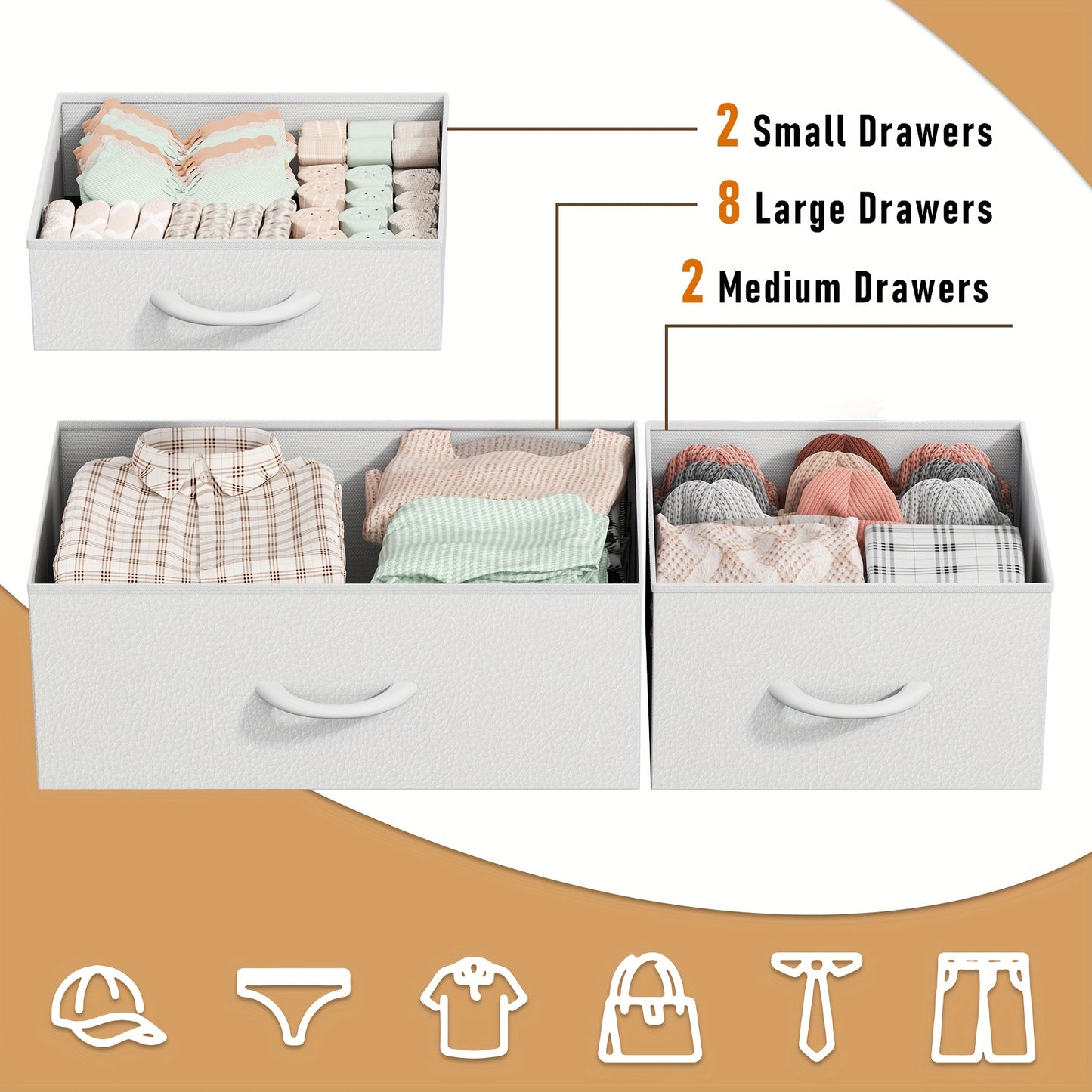 AOWOS 12 Drawer Fabric Dresser with Metal Frame And Wooden Tabletop, Chest of Drawers with Side Pockets And Hooks, Storage Dresser, Fabric Storage Tower, Fabric Drawer Organizer for Bedroom, Living Room, Closet, Hallway