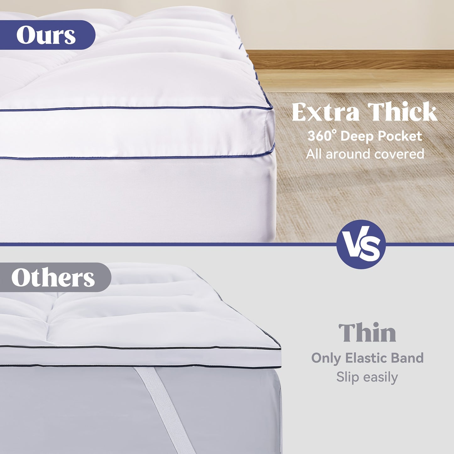 Extra Thick Soft Mattress Topper - Overfilled Down Alternative Filling Deep Pocket Fit 8-21 Inches For Back Pain