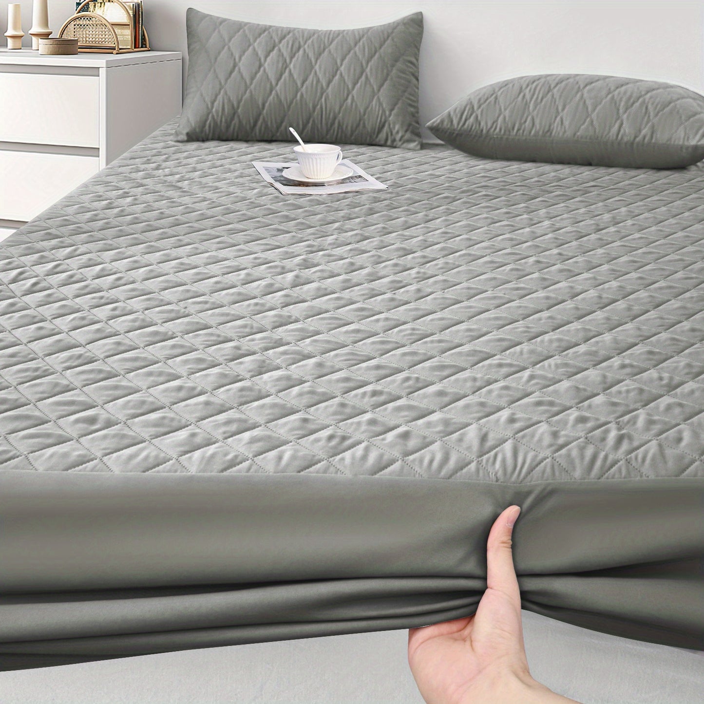 Waterproof Mattress Protector - Super Soft Quilted Polyester, Gray Satin Finish, Elastic Fit with Button Snap Closure, Machine Washable for Home & Hotel Use (Pillowcases Not Included), Comfortable Sleeping, Elegant Bedroom St