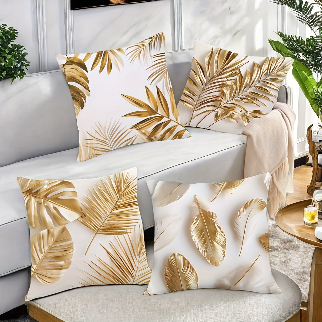 4pcs Golden Leaf Pattern Delicate Texture Pillowcase, 17.72 x 17.72 inches, Room Decoration, Office Decoration, Living Room Decoration, Sofa Decoration, Without Pillow Core