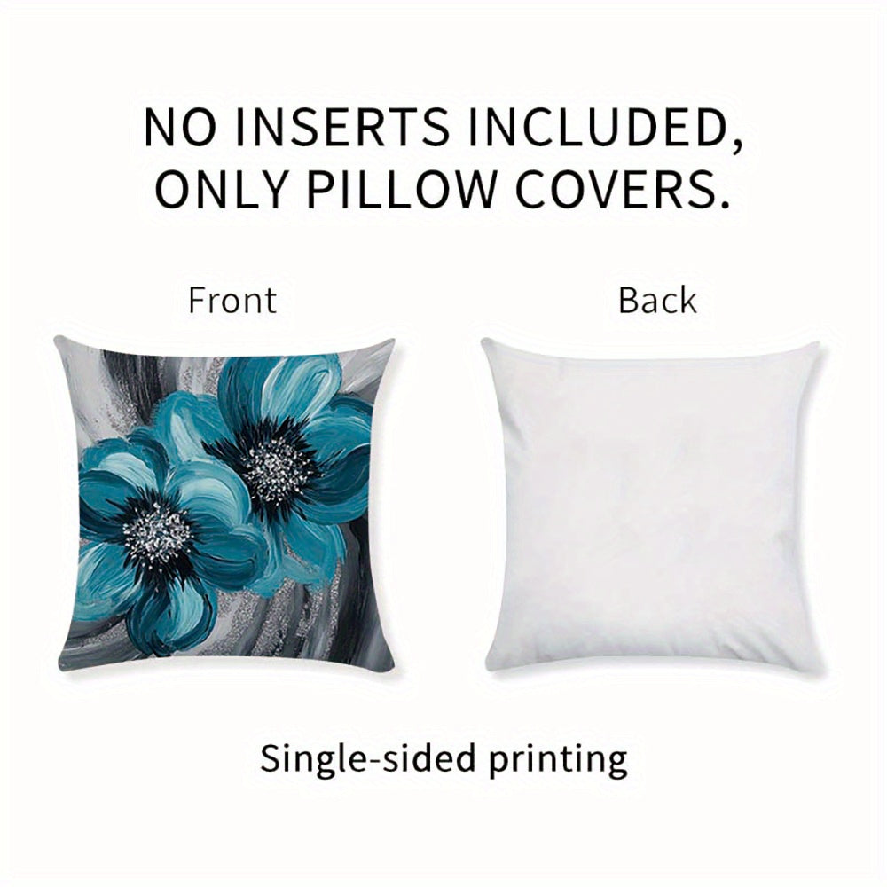4pcs Large Floral Cushion Covers - Teal Blue & Gray Floral Farmhouse Decor, Zipper Closure Pillow Cases, Machine Washable Polyester Cushion Covers for Living Room, Bedroom, Patio - Modern Home Accents, Farmhouse Pillow Covers