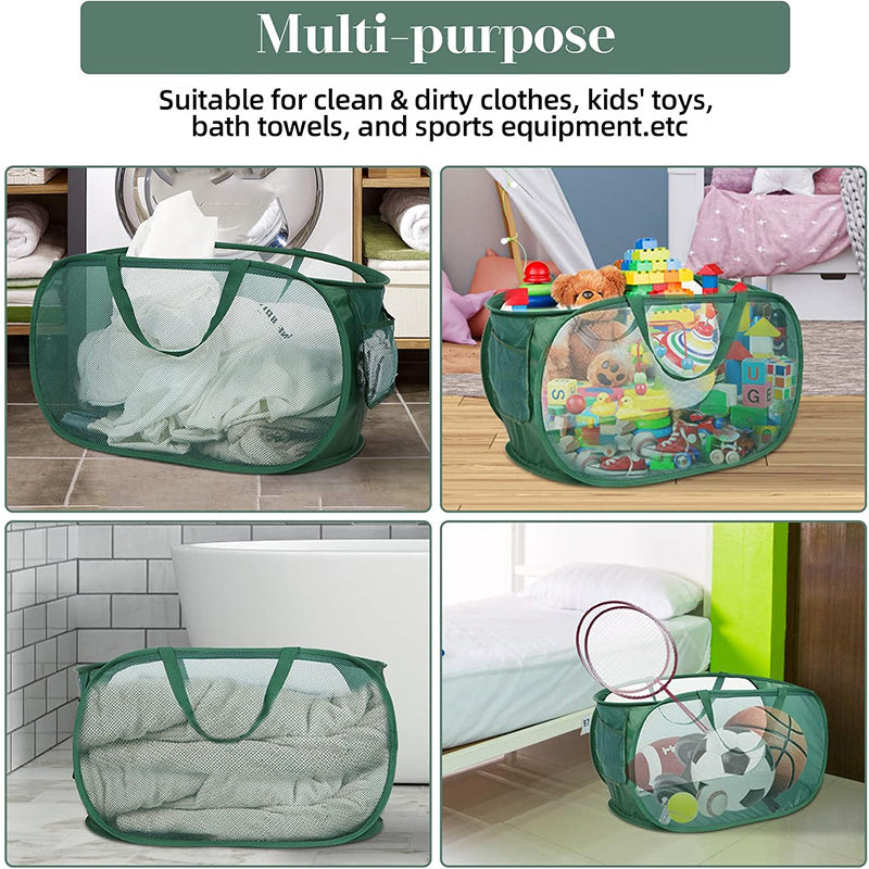 Upgraded Reinforced Portable Dirty Clothes Basket & Hollow Toy Storage Basket - Featuring a Sturdy Mesh Pop-Up Laundry Basket with Side Pockets, Suitable for Laundry Rooms, Bathrooms, Kids' Rooms, Dorms, or Travel.