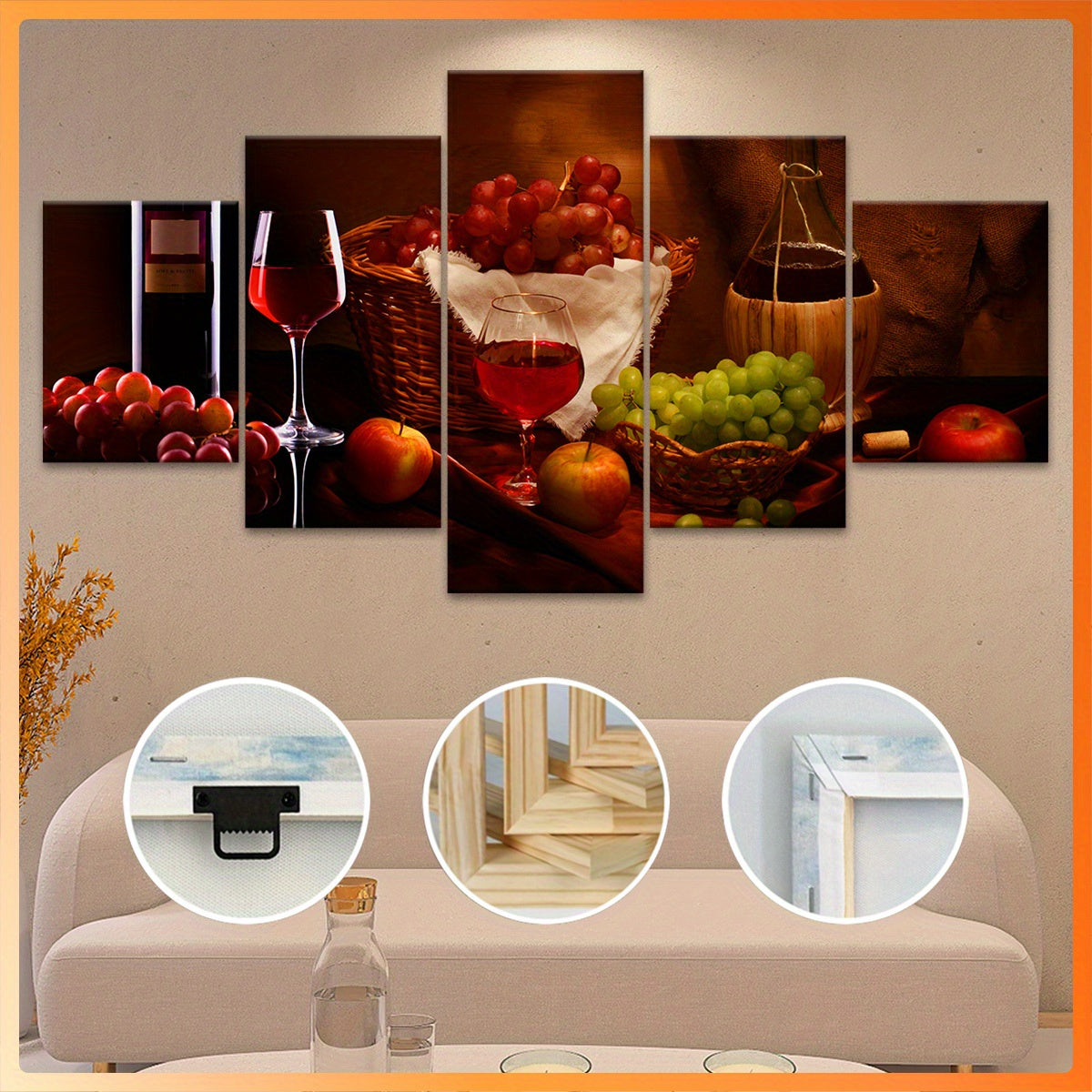 5pcs Exquisite Wooden Framed Wine Painting Canvas, Good Gift for Friend, Pattern Art for Home Decoration, Wall Decor for Living Room, Bedroom, Office, Bar, Restaurant, Waterproof, Odorless Painting, High Quality Waterproof Fr