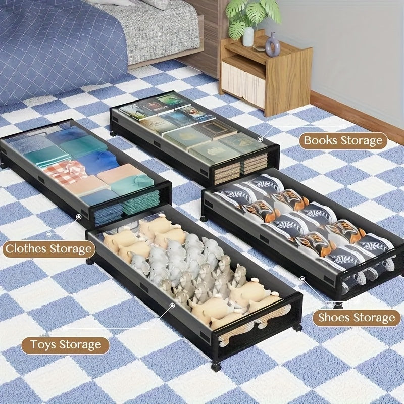 4-Pack Under Bed Storage Bins with Wheels, 54L Large Capacity Metal Rolling Drawers with Clear Lids – Perfect for Clothes, Shoes, Blankets, Toys, and Books Organizer, Mobile Storage Solution | Classic Design | Spacious Rect