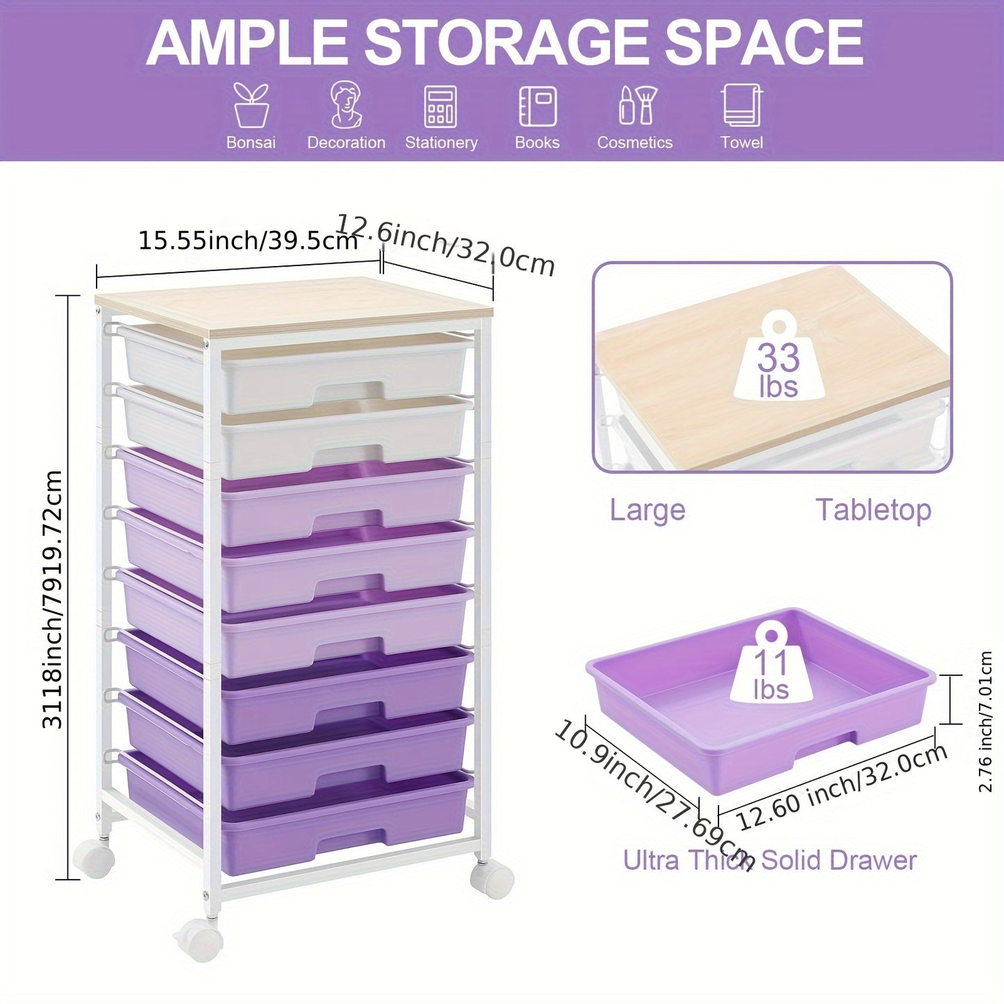 8-Drawer Rolling Storage Cart with Locking Casters & Tabletop - Heavy-Duty Metal Frame, Purple Finish, Multi-Purpose Organizer for Living Room, Bedroom, Office, Dorm, Bathroom, Versatile Rolling Storage Cart, Decorative Drawe