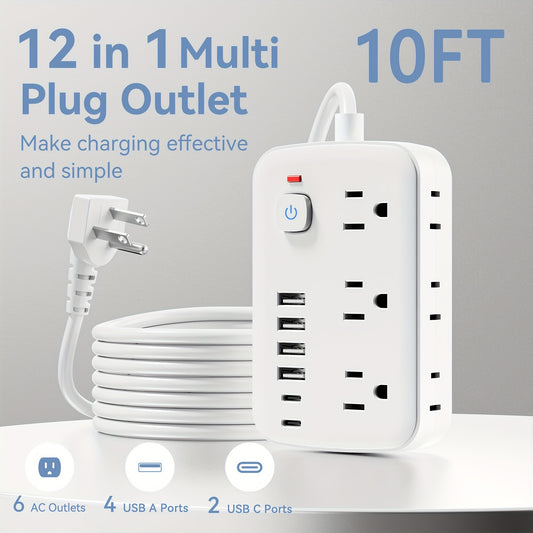 Slim 6-Outlet Power Strip with 6 USB Connections (2 USB-C) | 5FT/10FT Cable, Suitable for Wall Mounting in Offices, Schools, And Dormitories
