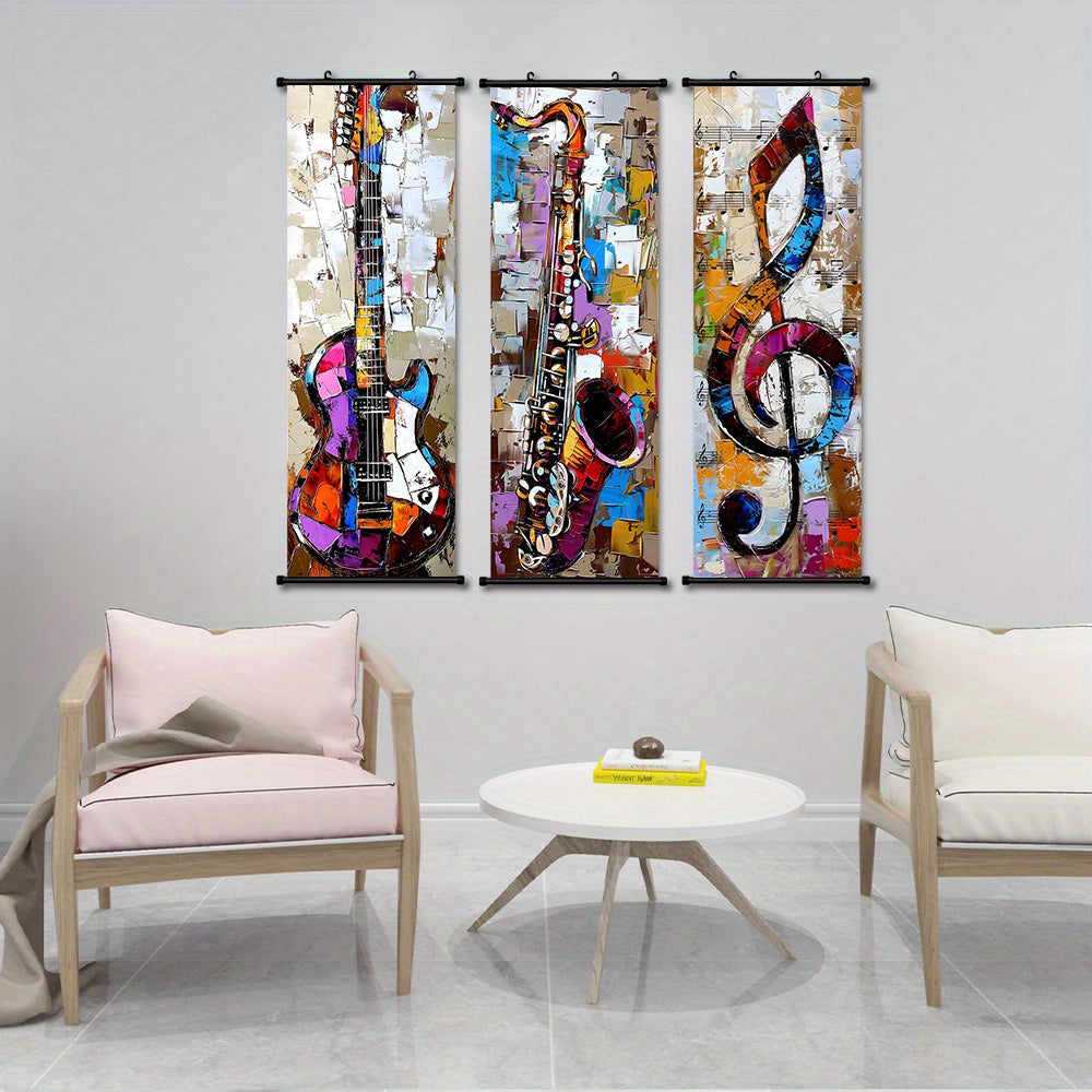 - 3pcs Vibrant Music Hanging Scroll Painting Set Showcasing Notes, Guitar and Saxophone Art, Artwork Wall Art Bathroom Bedroom Living Room Wall Decor, Home Decor, Aesthetic Room Decoration