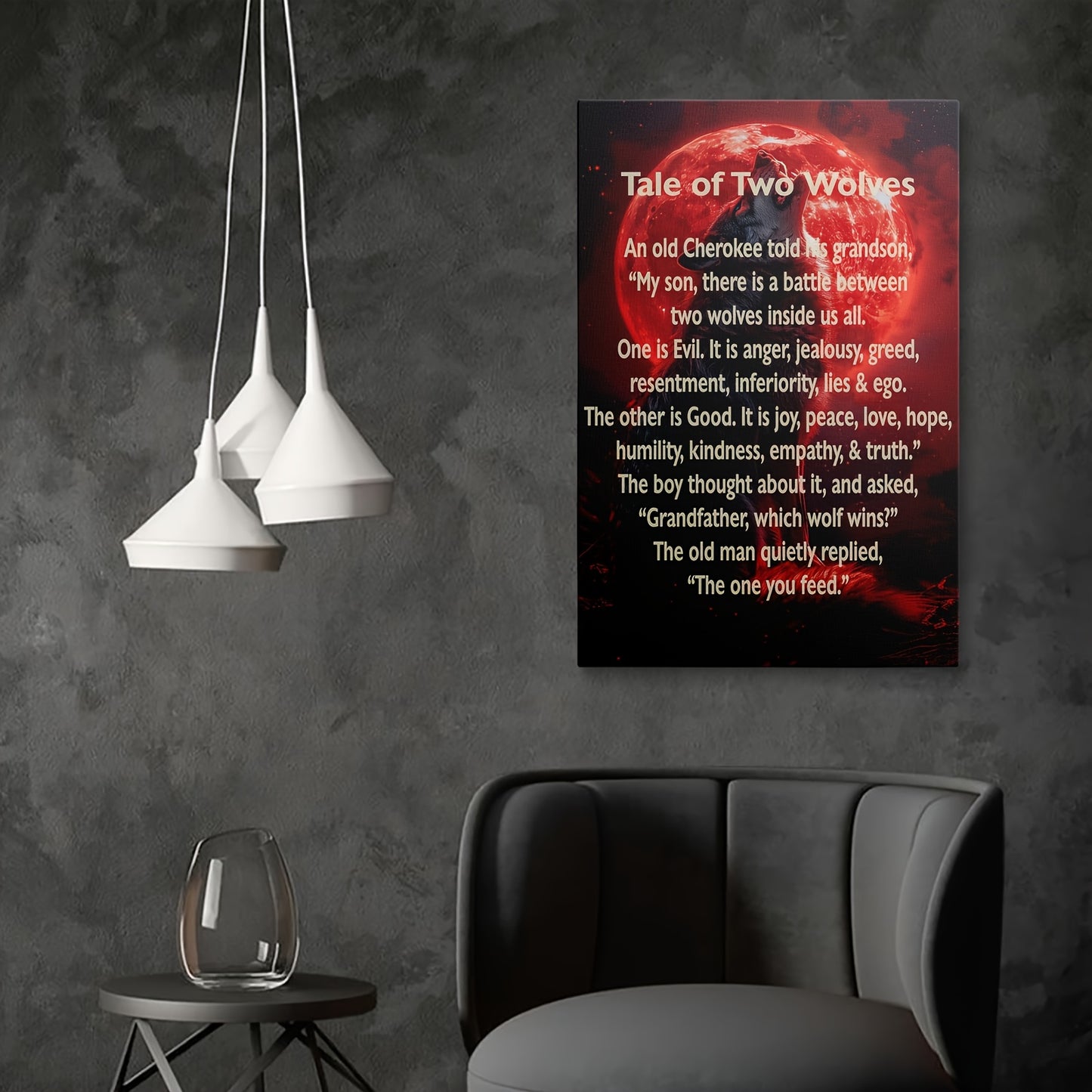 [Inspirational Wolf Canvas Art] 1pc Inspirational Wolf Howling at Moon Canvas Wall Art - Framed Tale of Two Wolves Quote, Red & Black Contrast Design, High-Quality Print with Hook for Home, Office, Bedroom, Yoga Studio Decor,