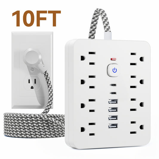 Ultra-Slim 5ft/10ft Braided Extension Cord with 14 Outlets & USB Ports - Surge Protected, Dual Voltage (110V/220V), Ideal for Cruise Ships, Dorms & Travel