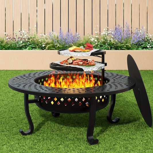 43 Inch Fire Pit With 2 Grill, Outdoor Wood Burning Firepit With Lid, Metal Round Table For Backyard Patio Garden Picnic Camping Bonfire