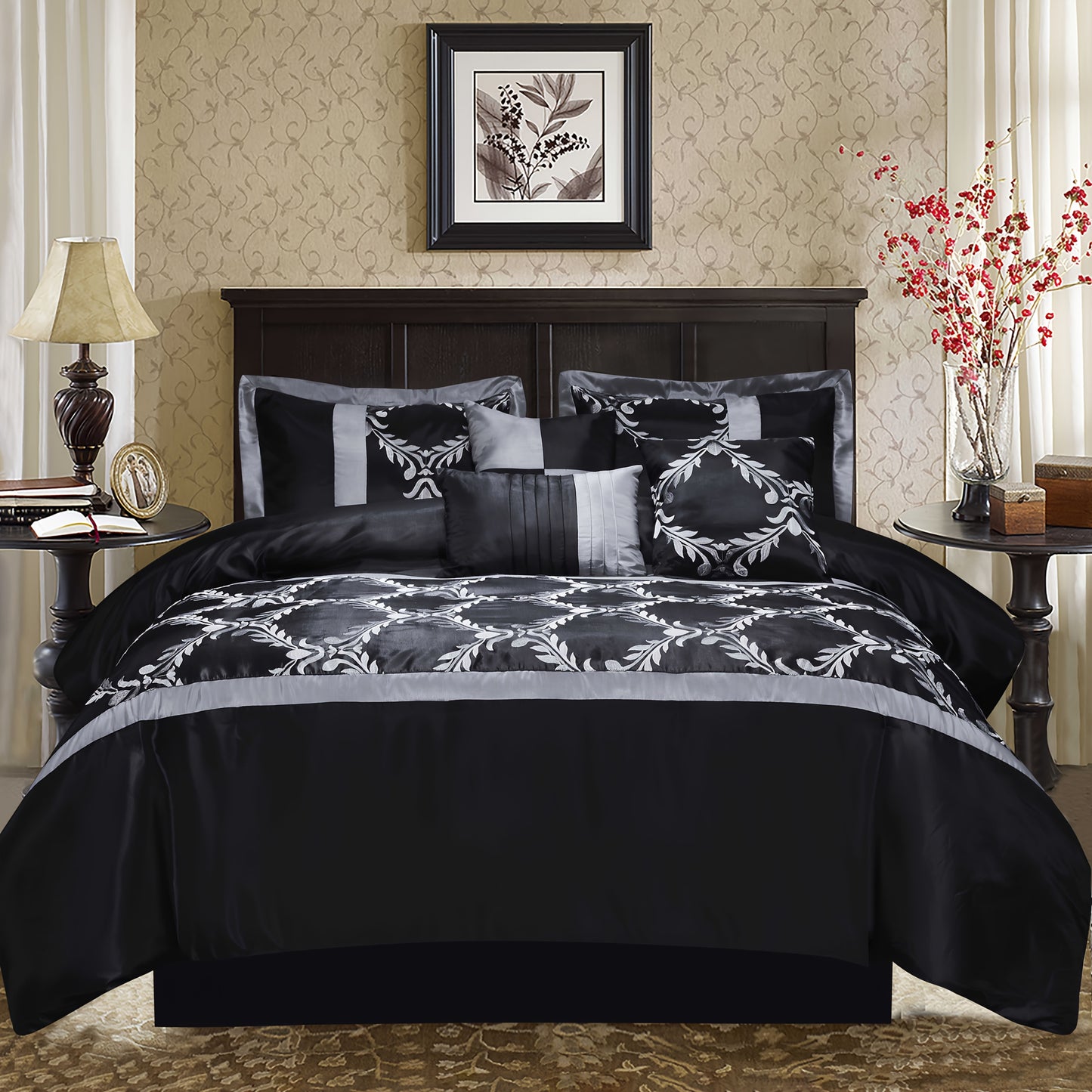 7 Piece Classic Embroidery Comforter Set King/Queen- Black And Silver Faux Silk Fabric Embroideried-1 Comforter, 2 Shams, 3 Decorative Pillows, 1 Bedskirt