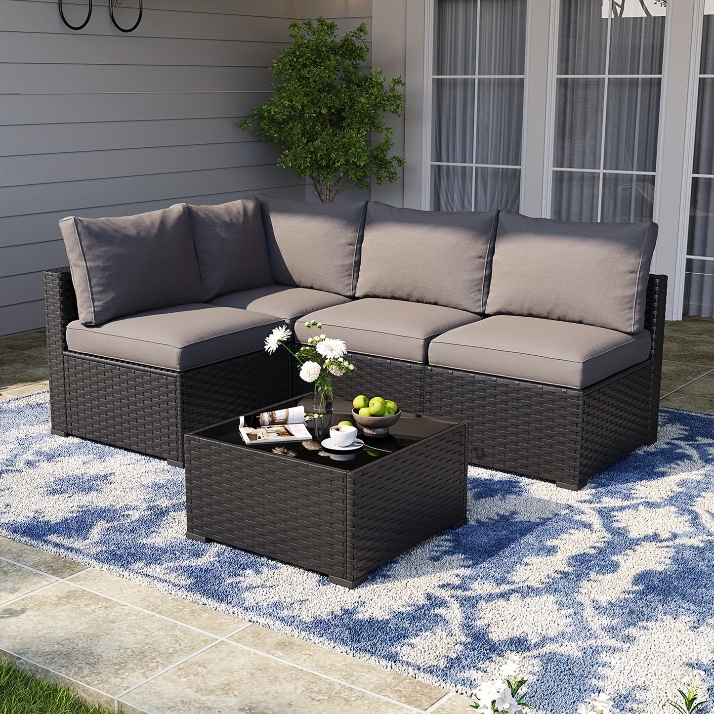 Oneinmil 3 & 8pcs Outdoor Sectional Patio Furniture Set with Fire Pit Table | L-Shaped Wicker Rattan Conversation Set | 4" Thick Waterproof Cushions for All-Weather Seating - Patio Furniture Outdoor for Deck, Garden, Poolside