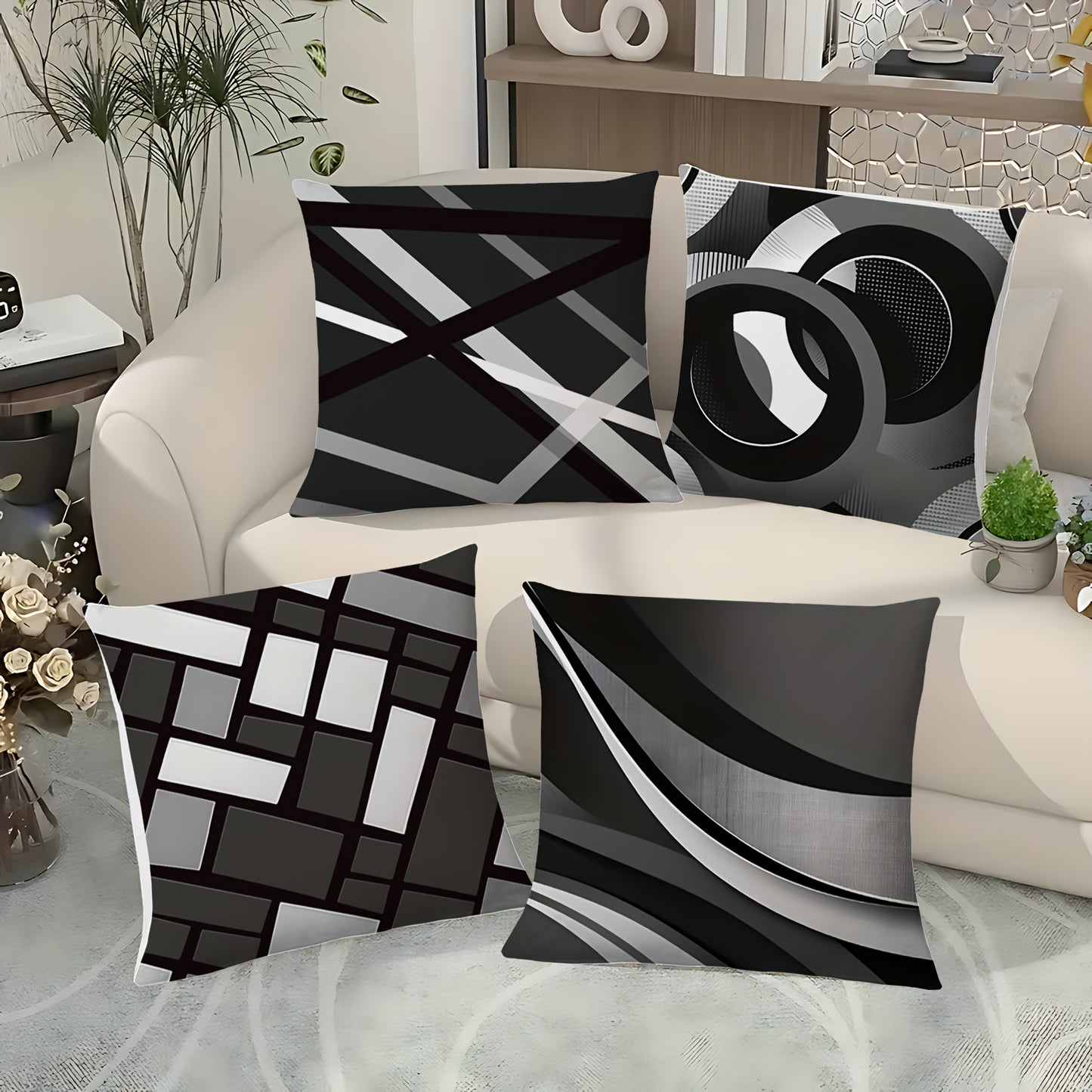 [Modern Geometric Pillow Covers] 4pcs Modern Geometric Abstract Throw Pillow Covers - 17.7x17.7 Inch Decorative Cushion Cases | Polyester Fabric, Zipper Closure, Machine Washable | Contemporary Style for Sofa, Couch & Home De