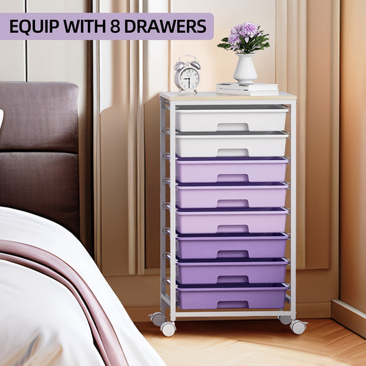 8-Drawer Rolling Storage Cart with Locking Casters & Tabletop - Heavy-Duty Metal Frame, Purple Finish, Multi-Purpose Organizer for Living Room, Bedroom, Office, Dorm, Bathroom, Versatile Rolling Storage Cart, Decorative Drawe