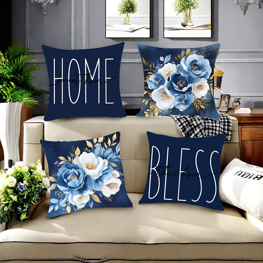 Set Of 4 Modern Floral Pillow Covers By Home Blessing & Home Design - Polyester Printed Cushion Covers With Zipper Closure 17.7*17.7inch - Durable Machine-Washable Pillow Cases For Living Room Sofa Bedroom Bedroom Home Decora