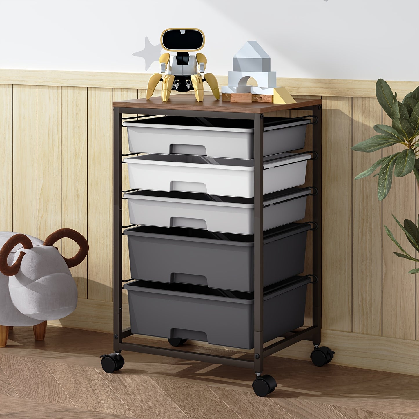 5-Tier Heavy-Duty Metal Utility Cart with 5 Lockable Drawers & Tabletop - Rolling Storage Cabinet on Locking Wheels, Space-Saving Sturdy Frame for Home Office, Workshop, Craft Room Organization - Easy Assembly, Dark Grey (No
