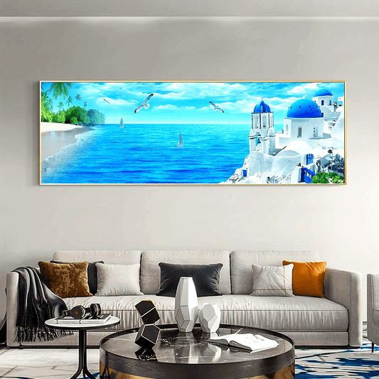 [Waterproof Canvas Poster] 1pc Waterproof Odorless Scenic Canvas Poster - Panoramic Seaside Santorini Landscape Painting - Artwork Wall Painting for Bedroom, Office, Living Room, Wall Decor, Home and Dormitory Decoration