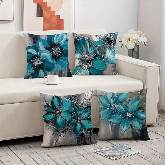 4pcs Large Floral Cushion Covers - Teal Blue & Gray Floral Farmhouse Decor, Zipper Closure Pillow Cases, Machine Washable Polyester Cushion Covers for Living Room, Bedroom, Patio - Modern Home Accents, Farmhouse Pillow Covers
