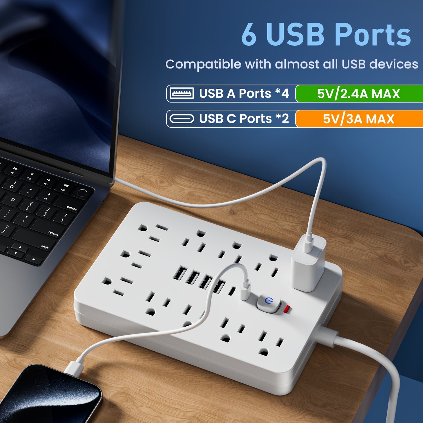 [11-Outlet Power Hub] 11-Outlet Power Hub with 4 USB and 2 USB-C Ports | 5FT or 10FT Length, Flat Plug, Wall Mountable, Overload Protection | Ideal for Home or Office Use