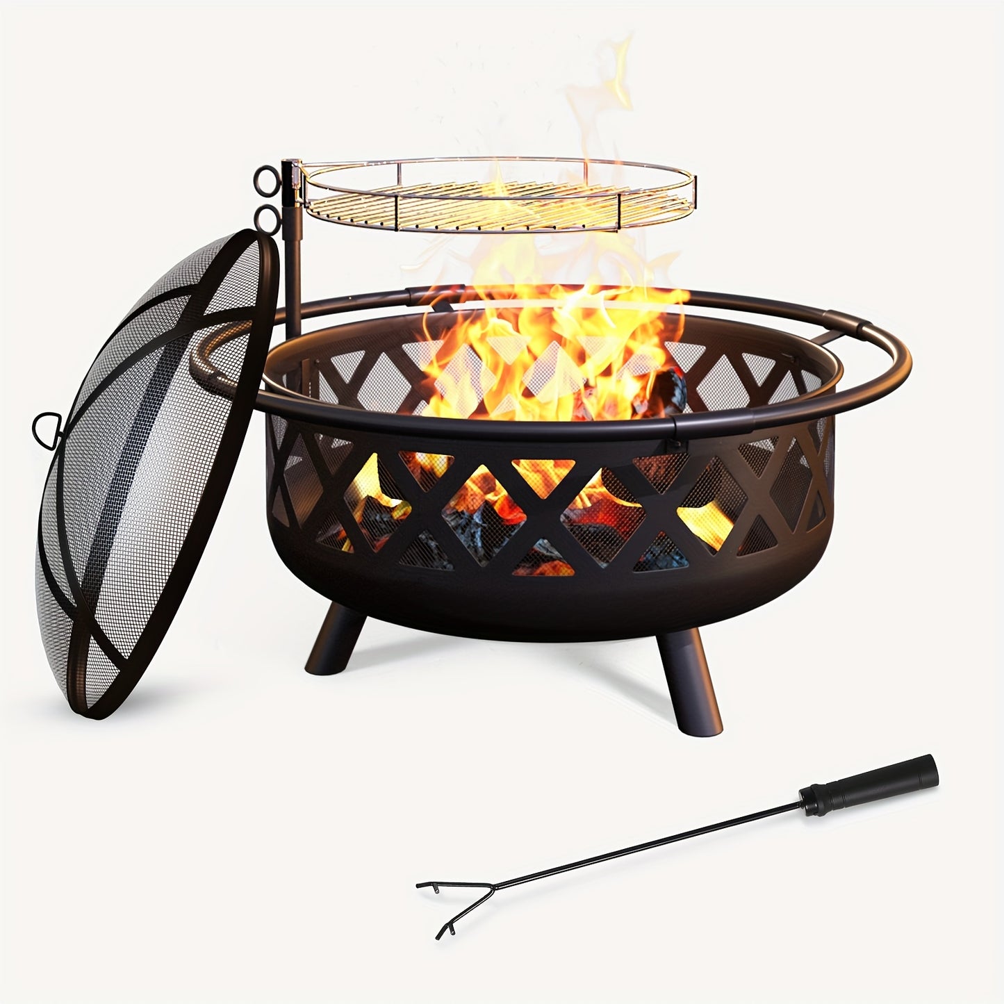 30" 2-in-1 Fire Pit with Metal BBQ Grill & Spark Screen - Durable Zinc Alloy Outdoor Fire Pit for Patio, Backyard, and Garden Use - Black Wood Burning Design with Handles for Easy Handling