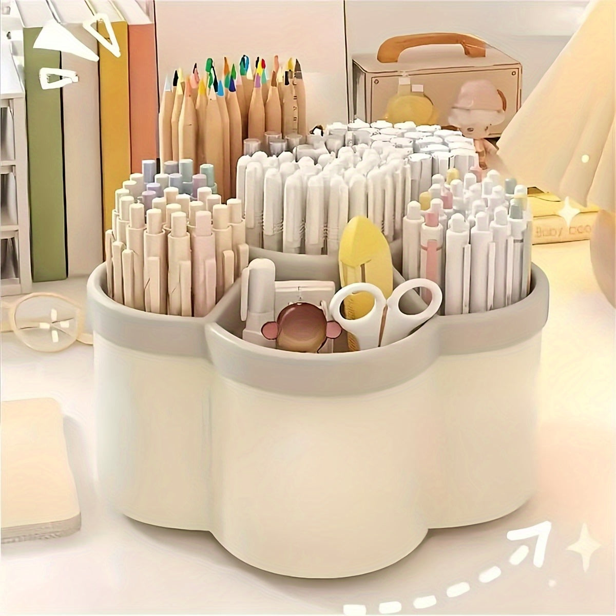 [Durable Desktop Organizer] 1pc 360-Degree Rotating Durable Plastic Desktop Organizer with 6 Compartments | Multi-Purpose Storage for Office Supplies, Makeup Brushes, Pens, Cosmetics & Stationery - Space-Saving Desk Organizer