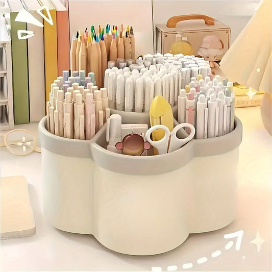 [Durable Desktop Organizer] 1pc 360-Degree Rotating Durable Plastic Desktop Organizer with 6 Compartments | Multi-Purpose Storage for Office Supplies, Makeup Brushes, Pens, Cosmetics & Stationery - Space-Saving Desk Organizer