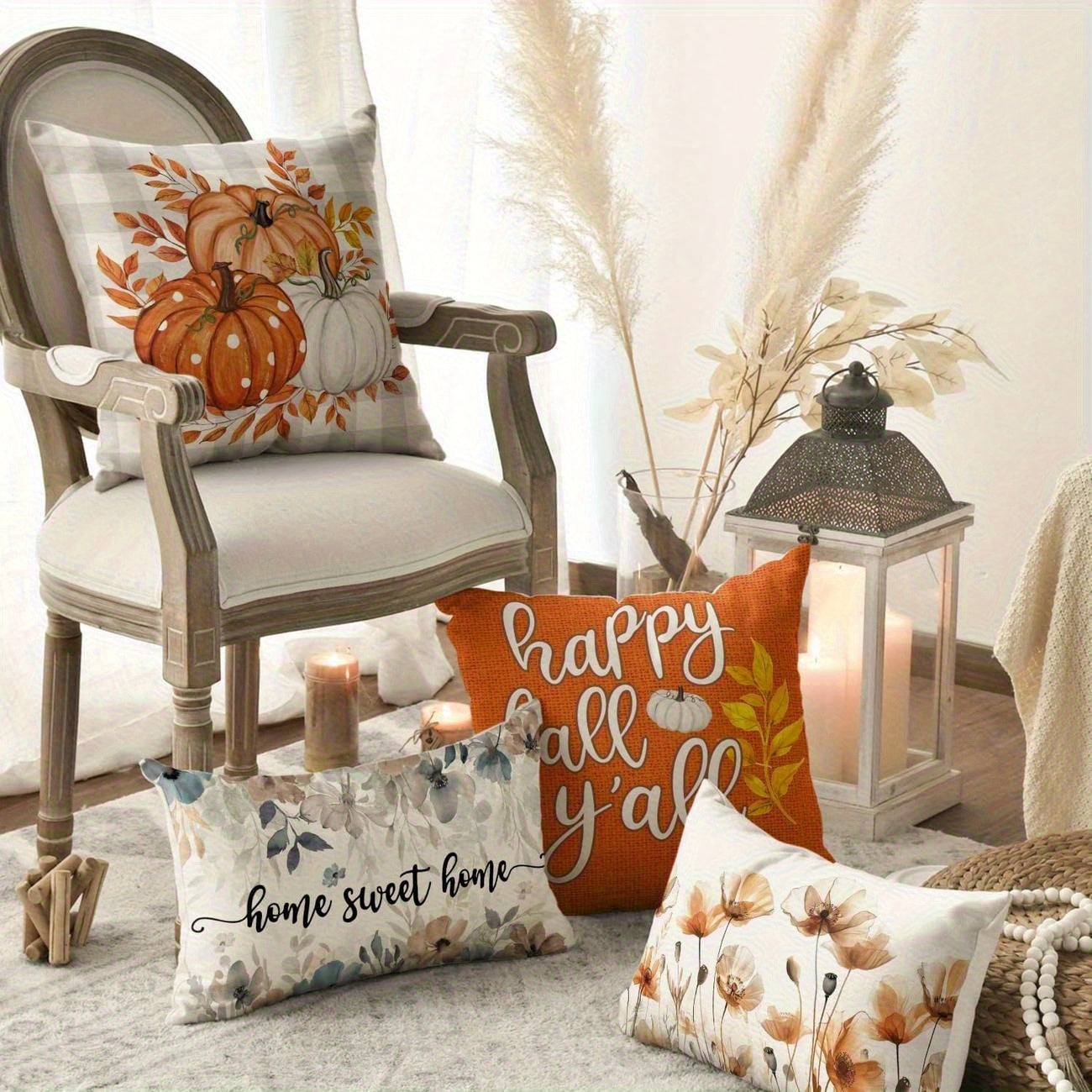 4pcs Autumn Harvest Decorative Throw Pillow Covers - Farmhouse Fall Cushion Cases with Pumpkin, Happy Fall y'all Text - Machine Washable Zipper Closure for Thanksgiving, Living Room, Porch, Outdoor Sofa - Available in 14x14,