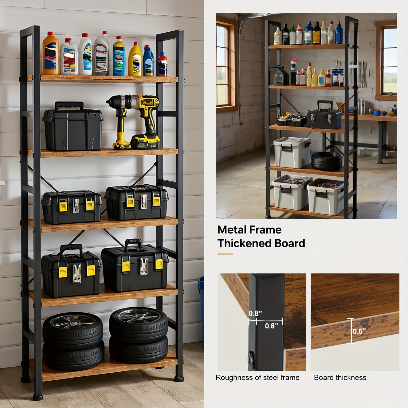5-Tier Industrial Bookshelf - Heavy-Duty Metal Open Shelving Unit, Space-Saving Vertical Storage Organizer for Living Room, Home Office, Music Studio - Sturdy Bookcase for Books, Decor, Sheet Music - Modern Industrial Decor i