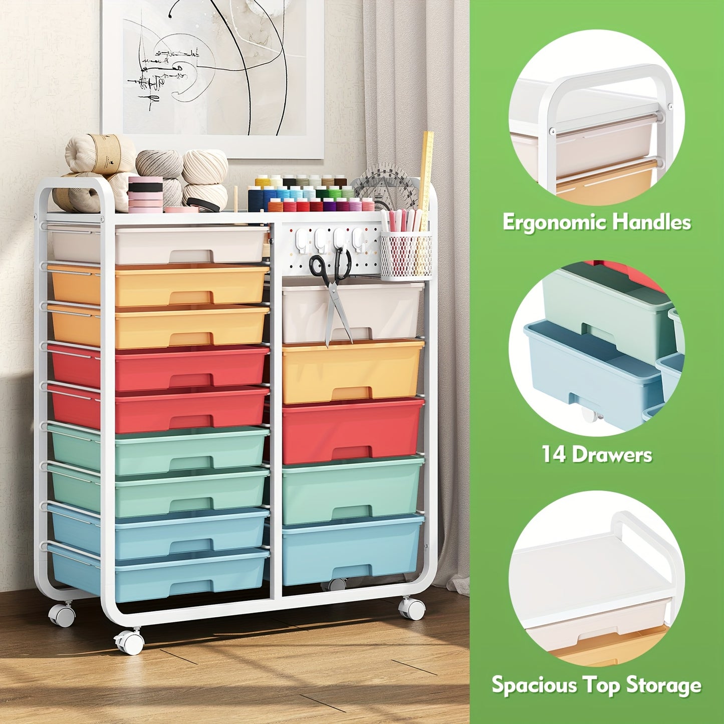 [Durable Craft Storage Cart] TOOLF Durable 14-Drawer Rolling Storage Cart with Tabletop & Pegboard | Mobile Utility Cabinet on Wheels - Metal Organizer with 14 Spacious Drawers, 3.2 Cu Ft Capacity & 27" Height for Home, Offic