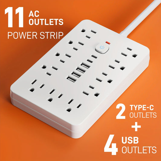 17-in-1 Surge Protector Power Strip with 11AC Outlets, 4USB & 2 Type-C Ports | Compact Multi-Plug Outlet Extender with Flat Plug Design, Space-Saving Extension Cord for Home, Office, and Kitchen | Overload Protection, US Plug