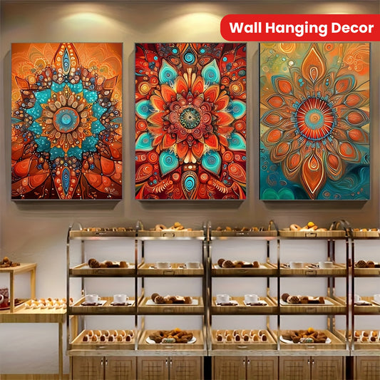 3pcs Bohemian Abstract Floral Canvas Art Set, Geometric Mandala Wall Decor, Unframed Spray-Painted Posters for Living Room, Bedroom, Home Office - Classic Retro Style, Vertical Orientation