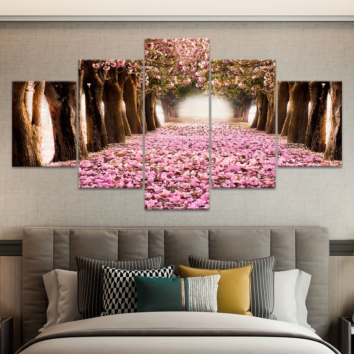 2D Flat, [2D FLAT] 5pcs Frame Cherry Blossom Grove Canvas Poster, Five Panel Scene Art, Modular Picture, Print Painting, Modern Art, Ideal Decor for Bedroom Living Room Kitchen Dorm, Wall Decoration, Gift for Family Friends,