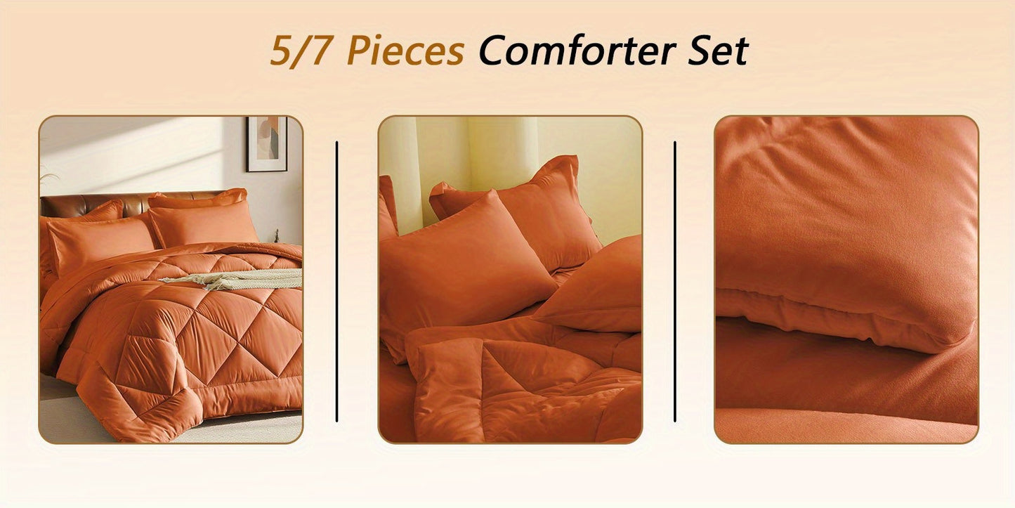 5pcs or 7pcs Geometric Quilted Rectangular Comforter Sets Queen - Soft & Comfortable All-Season Bedding Set with Wrapped Mattress, High-End Hotel Dorm Decor, Includes Comforter Pillowcase, Flat Sheet, Fitted Sheet, Microfiber