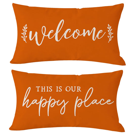 [Farmhouse Throw Pillow Covers] 2pcs Polyester Farmhouse Lumbar Decorative Throw Pillow Covers | Welcome This is Our Happy Place Orange Outdoor Spring Fall Front Porch Patio Decorations Cushion Cases for Home Couch Decor, Sin