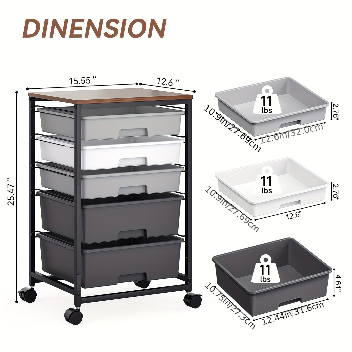 5-Tier Heavy-Duty Metal Utility Cart with 5 Lockable Drawers & Tabletop - Rolling Storage Cabinet on Locking Wheels, Space-Saving Sturdy Frame for Home Office, Workshop, Craft Room Organization - Easy Assembly, Dark Grey (No