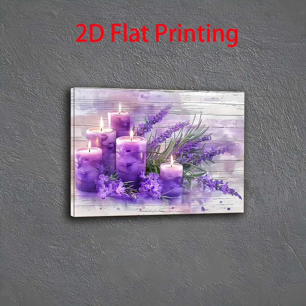 [2D Flat] 1pc Elegant Purple Candles & Lavender Canvas Art Print, 11.8"x15.7" - Wooden Framed Wall Decor for Living Room, Bedroom, Kitchen | Serene Home & Office Accent, Ideal Christmas Gift for Her or Him, Bedroom Wall Art|P