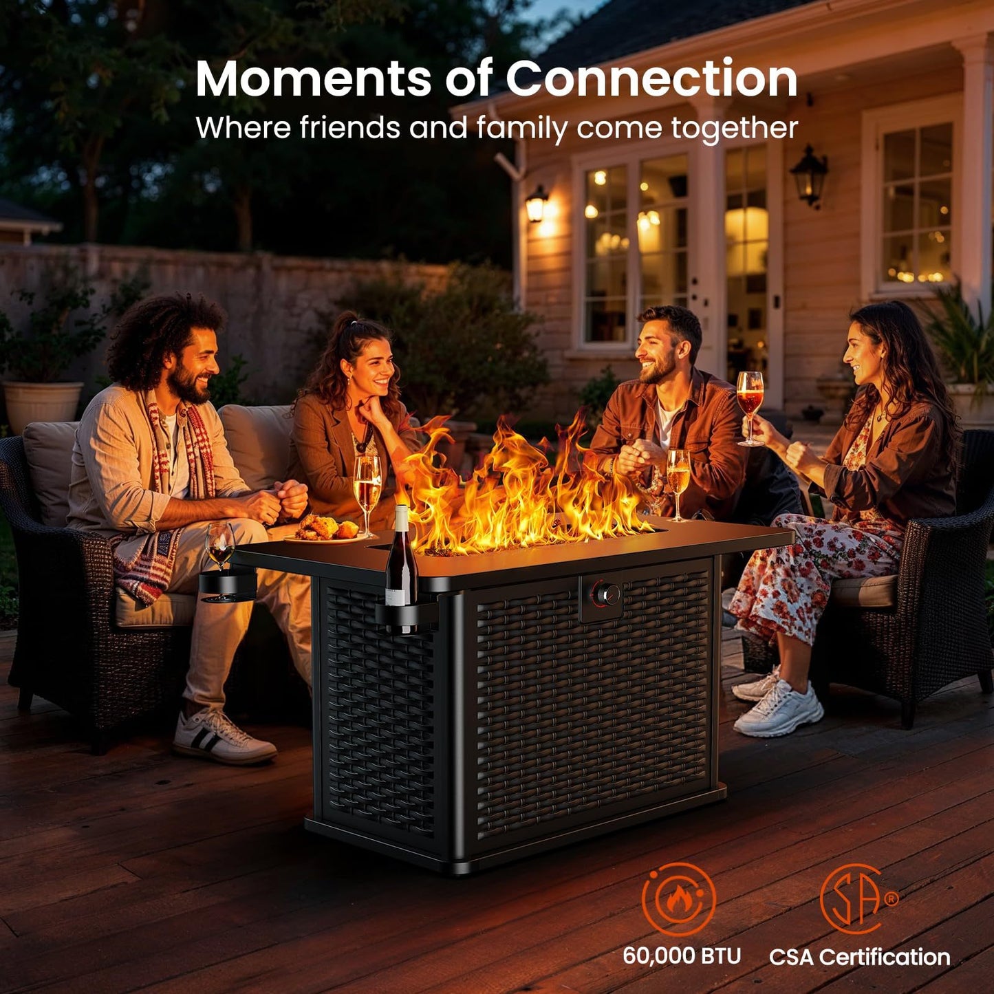AMADA HOMEFURNISHING 43" Outdoor Dining Table with Fire Pit | 60, 000 BTU Propane Gas Fire Pit Table, Waterproof Cover, Removable Lid & Cup Holders | Patio, Backyard, Garden Seating Furniture