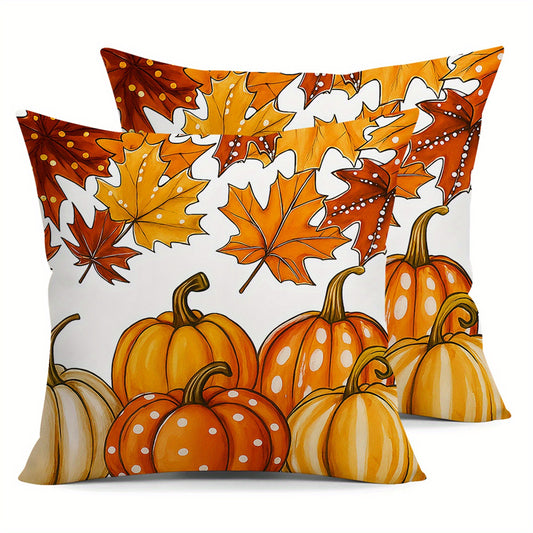 2pcs White Polka Dot Pumpkin Throw Pillow Covers Red Yellow Eucalyptus Leaves Cushion Case Fall Thanksgiving Day Farmhouse Decorations for Sofa Couch Livingroom