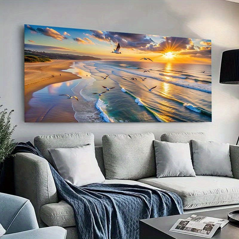 1pc Frameless Modern Beach Sunset Canvas Poster, 27.55x55.11 inches, Waves and Seagulls Wall Art for Bedroom and Living Room Decor, No Frame, Coastal Home Decor