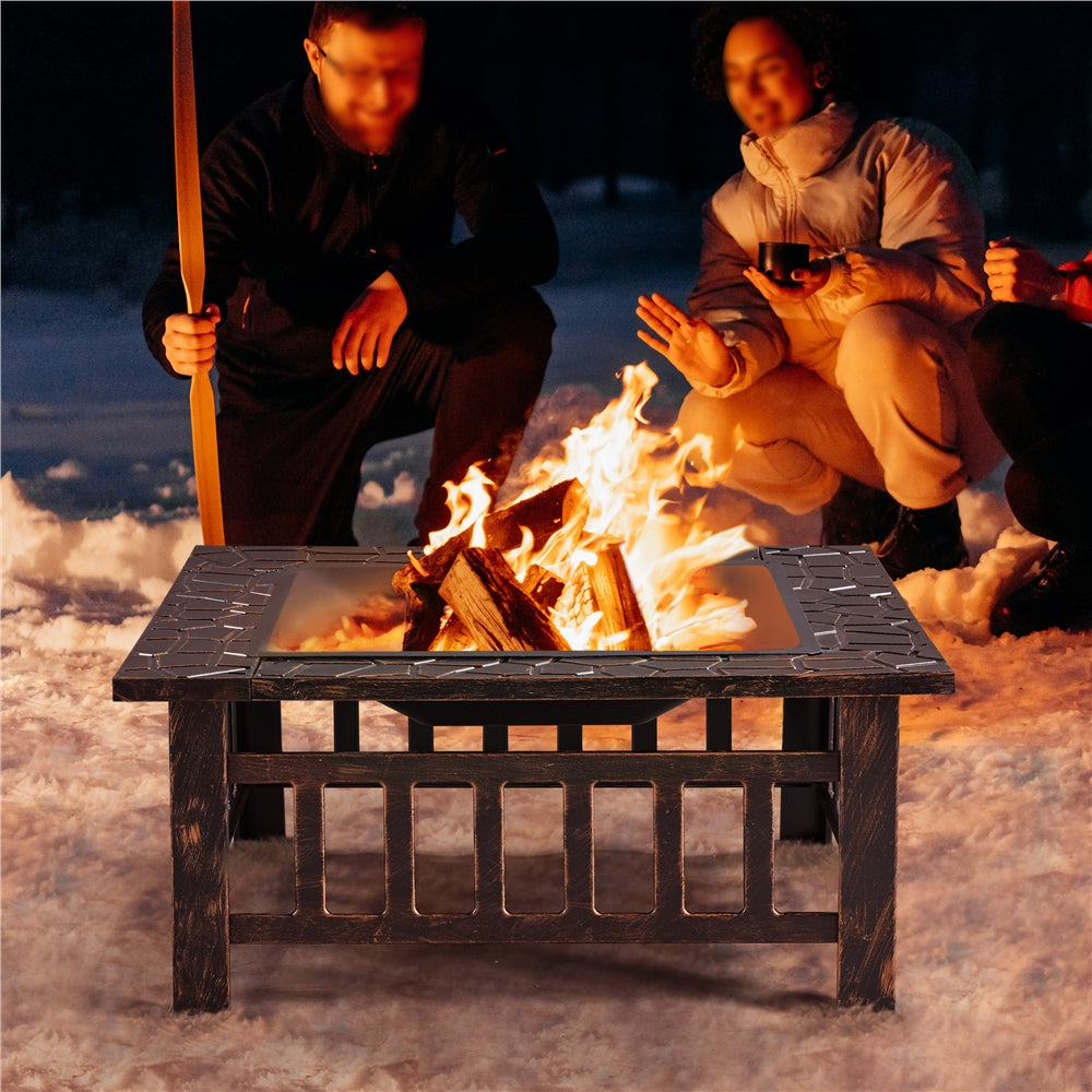 Costoffs Halloween 32in/34in Outdoor Multi-functional Fire Pit Wood Fire Pit Table for Patio Camping Square Firepit for Barbecue, Heating, Cooling w/Cover, Poker