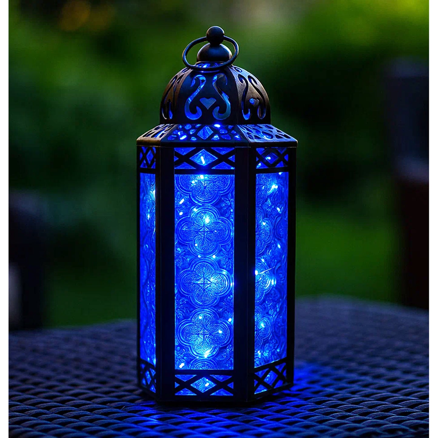 Stunning Ambient Lighting Safe and Stylish Glass Metal Moroccan Candle Lantern Holder Lamp with Battery-Operated LED Lights plus Remote Control – Handcrafted Lantern with Intricate Design and Embossed Glass, Indoor Home Dec