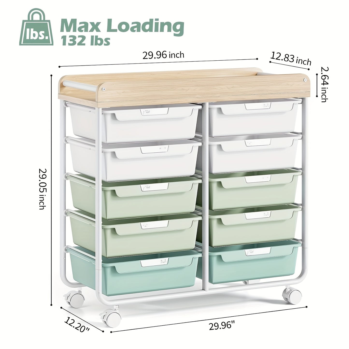 [Versatile Rolling Storage Cart] TOOLF 10-Tier Rolling Storage Cart with Large Drawers & Tabletop - Multi-Purpose Mobile Organizer for Home, Office, Classroom - Easy-to-Move Wheels, 3.2+ Cubic Feet Capacity, 27" Height, Metal
