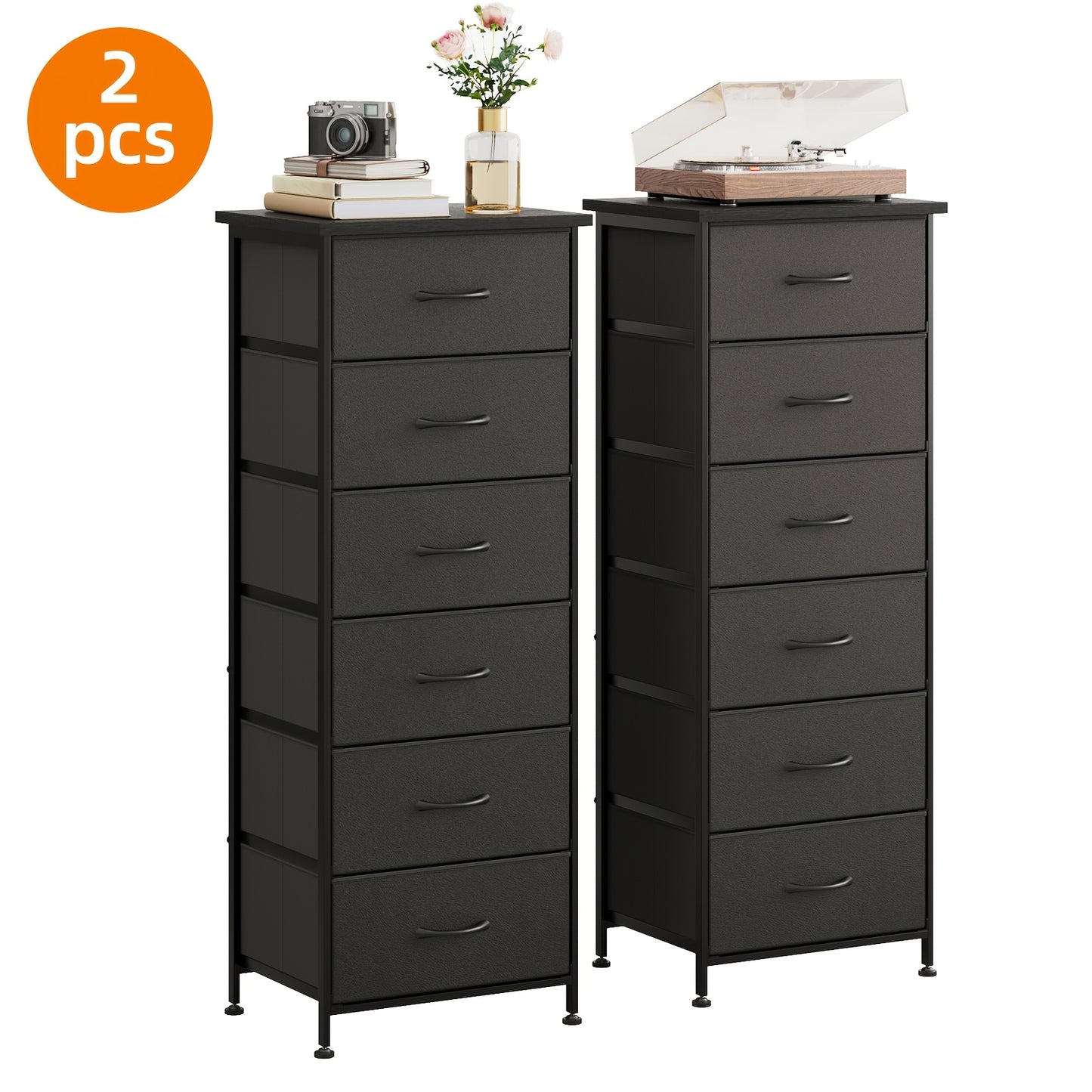 Fabric Dresser, 6-Drawer Tall Dresser for Bedroom, Storage Organizer with Fabric Bins, Wood Top, Sturdy Steel Frame, Chest Of Drawers for Closet, Hallway, Black, for Halloween And Christmas