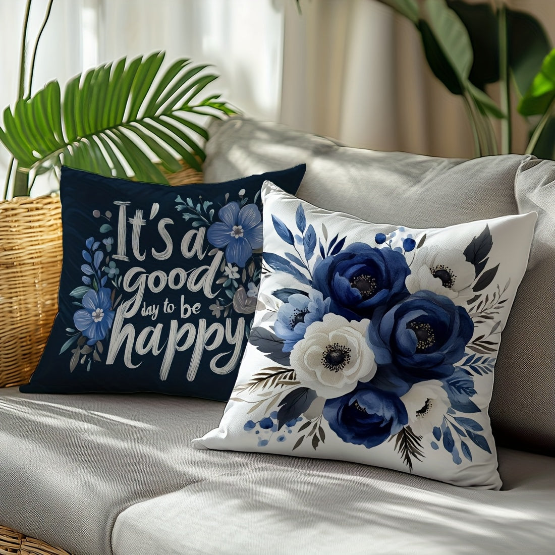 4pcs, Single Sided Printed Pillow Cover, Four Piece Set Of Deep Blue Floral Text Pillow Cover, 17 7*17. 7in, Home Decoration Pillow Cover Suitable For Living Room, Sofa, Bedroom, Without Pillow Core