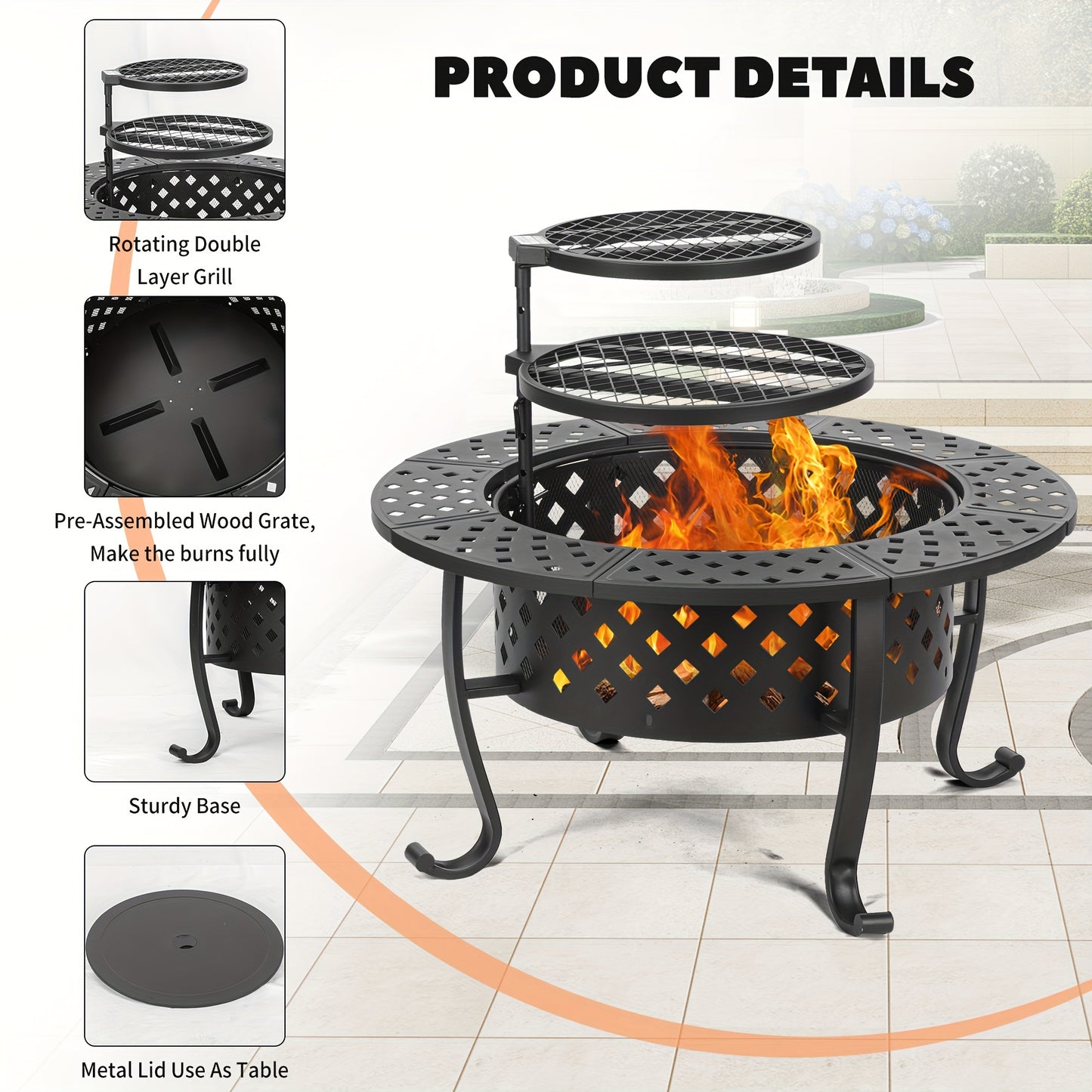 1pc, Fire Pit, 36''Fire Pit, 3-in-1 Fire Pit With Two Grills, Metal Lid, Poker, Outdoor Wood Burning Fire Pit & BBQ With Round Metal Table For Patio, Picnic, And Party